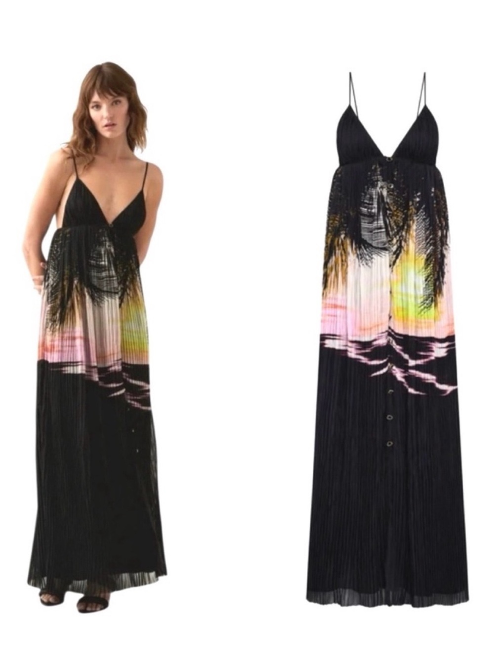 AJE Awaken “Last Light” Black Pleated Ombre Sunset Strappy Maxi Dress